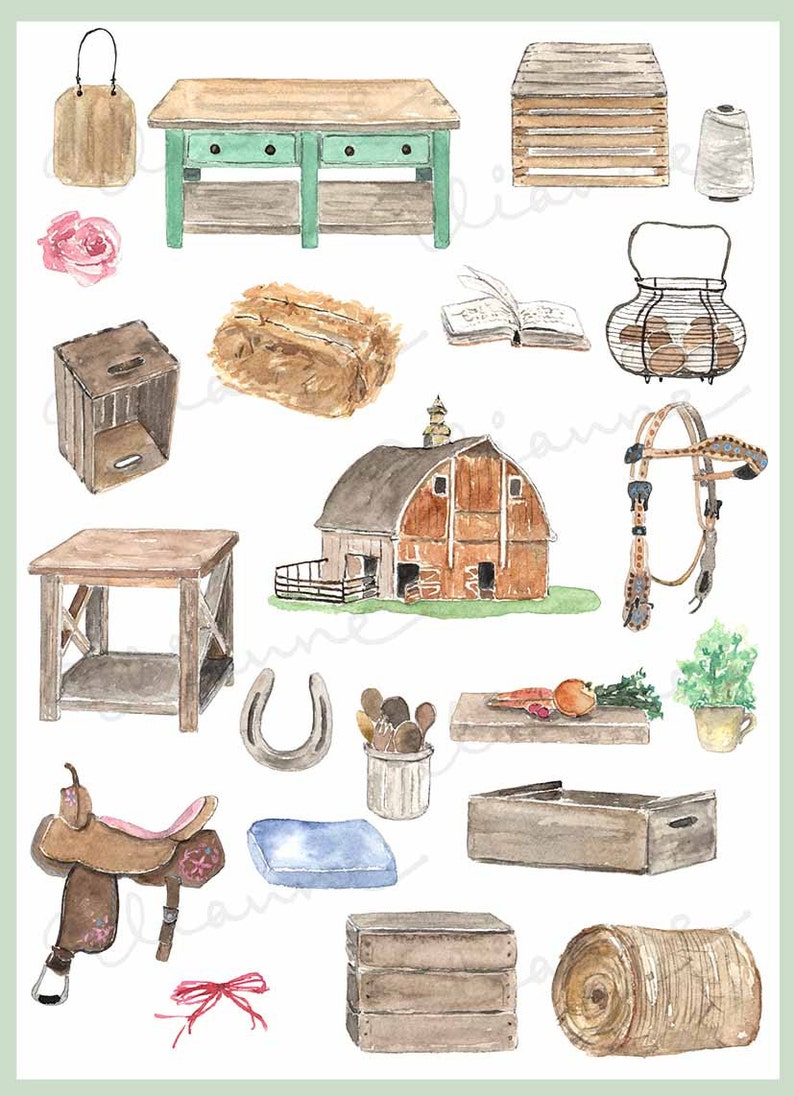 CLIP ART Watercolor Vintage Rustic Life Set. 22 Images. Digital Download. Rustic Barns. Tables. Hay Bails. Crates. Horse Bridal. Eggs. image 2