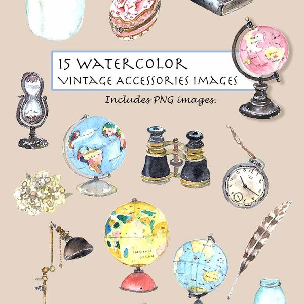 CLIP ART- Watercolor Vintage Accessories for Home Decor Set. 15 Images. Digital Download. Globes. Opera Glasses. Pocket Watches. Feather.