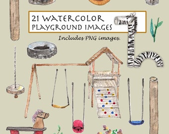 CLIP ART- Watercolor Playground Ideas Set. 21 Images. Digital Download. Playground House. Kids. Backyard. Play Space. Swing. Children.