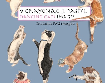 CLIP ART- Sketchy Crayon & Oil Pastel Vintage Dancing Cats Set. 9 Images. Digital Download. Kitten. Party. Happy. Celebrate.