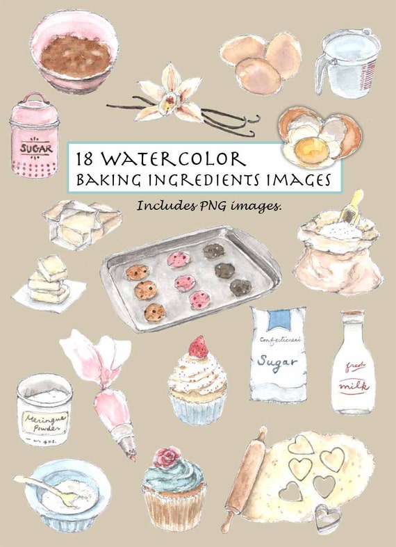 CLIP ART Watercolor Vintage Baking Ingredients Set. 18 Images. Digital  Download. Life Accessories. Baking. Kitchen. 