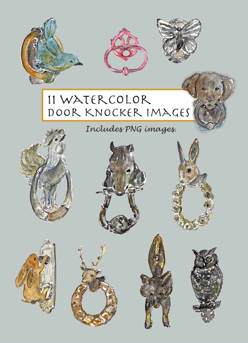Home Decor Rooster. Owl CLIP ART- Watercolor Vintage Door Knockers Set Fox Digital Download Bunny Dog Brass 11 Images Front doors