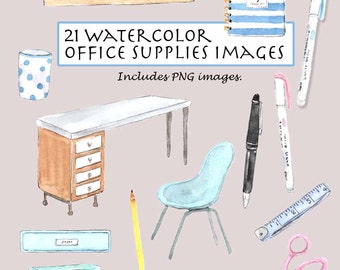 May include: Watercolor illustrations of office supplies, including a desk, chair, pencil, stapler, paper clips, tape, ruler, scissors, pen, notepad, and a cup.