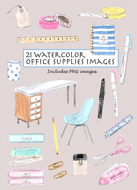 CLIP ART Watercolor Vintage Office Supplies Set. 21 Images. Digital  Download. Measuring Tape. Stationary. Washi Tape. Notebook. 