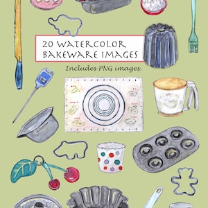 Puede incluir: Un conjunto de 20 ilustraciones de acuarela de herramientas y equipos de repostería, que incluyen un molde para pan, un molde para pastel, una taza medidora, un rodillo, un pincel para repostería, un cortador de galletas, un termómetro de cocina, una espátula y una bandeja para hornear. Las ilustraciones están en un estilo de acuarela ligero y son perfectas para usar en proyectos con temática de repostería.