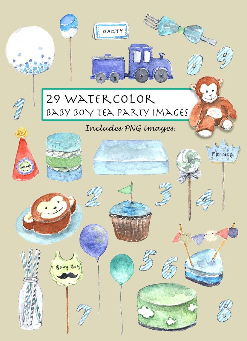 CLIP ART Watercolor Vintage Baby Boy Tea Party Set. 29 Etsy