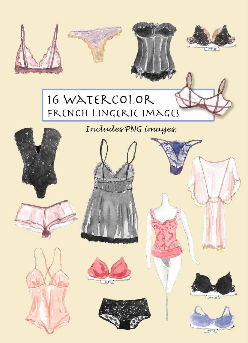 CLIP ART- Watercolor Vintage French Lingerie Set. 16 Images. Digital  Download. Underwear. Bra. Body Suit.
