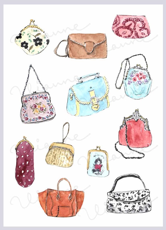 CLIP ART Watercolor Vintage Purse Set. 12 Images. Digital Download. Lady  Stuff. Old Fashion. Handbag. 