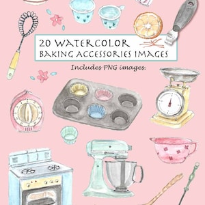 May include: A set of 20 watercolor illustrations of baking accessories, including a mixing bowl, measuring cups, a whisk, a kitchen scale, a timer, a muffin tin, cupcake liners, a stand mixer, a spatula, a wooden spoon, a baking sheet, a lemon, a zester, a kitchen towel, and snowflakes.  The illustrations are in a light pink background.