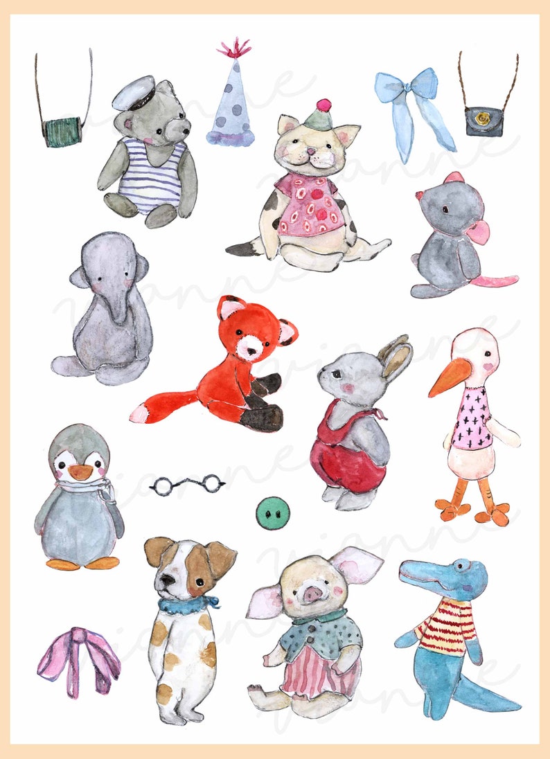 CLIP ART- Watercolor Vintage Stuffed Animals Set. 18 Images. Digital ...