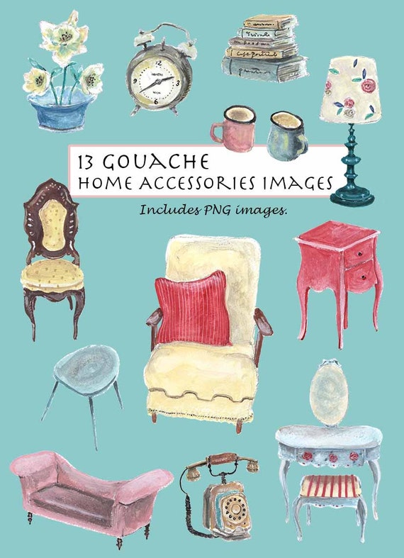 Clip Art Opaque Watercolorgouache Vintage Home Accessories Etsy