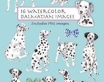 May include: Watercolor illustrations of Dalmatian dogs in various poses, with black spots on white fur. The image includes several bow ties in different colors and patterns. Text reads "16 Watercolor Dalmatian Images. Includes PNG images."