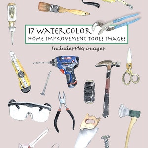 CLIP ART- Watercolor Home Improvement Tools Set. 17 Images. Digital Download. Tape Ruler. Screw Driver. Hammer. Axe. Pliers. Hand Saw. Nail.