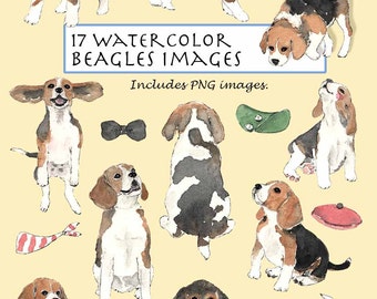 May include: 17 watercolor illustrations of Beagle puppies in various poses, including sitting, standing, and playing. The illustrations are in a cartoon style and feature a variety of accessories, such as bow ties, hats, and bandanas. The text "17 Watercolor Beagles Images" and "Includes PNG images" is also included in the image.