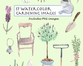 CLIP ART- Watercolor Vintage Gardening Set. 17 Images. Digital Download. Garden Accessories. Yard. Tools. Plant. Chair. Rosemary.