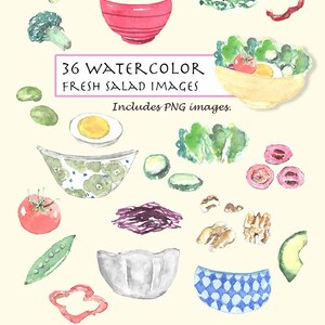 Może przedstawiać: Zestaw 36 akwarelowych ilustracji świeżych składników sałatki, w tym brokuły, sałata, pomidory, ogórki, awokado, migdały, orzechy włoskie, czerwona papryka, fasolka szparagowa i wiele innych. Ilustracje idealnie nadają się do tworzenia projektów cyfrowych lub drukowanych.