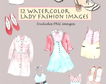 CLIP ART- Watercolor Vintage Lady Fashion. 12 Images. Digital Download. Dresses. Hat. Necklace. Raincoat. Shoes.