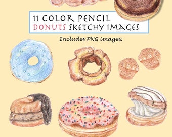 CLIP ART- Sketchy Color Pencil Vintage Donuts Set. 11 Images. Digital Download. Donuts. Sweet. Dessert. Colorful.