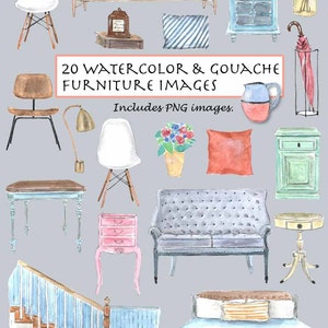 Könnte beinhalten: Aquarell- und Gouache-Möbelbilder. Das Bild zeigt eine Sammlung handgemalter Möbelillustrationen, darunter Stühle, Sofas, Tische und dekorative Gegenstände. Der Text im Bild lautet: "20 Watercolor & Gouache Furniture Images. Includes PNG images."