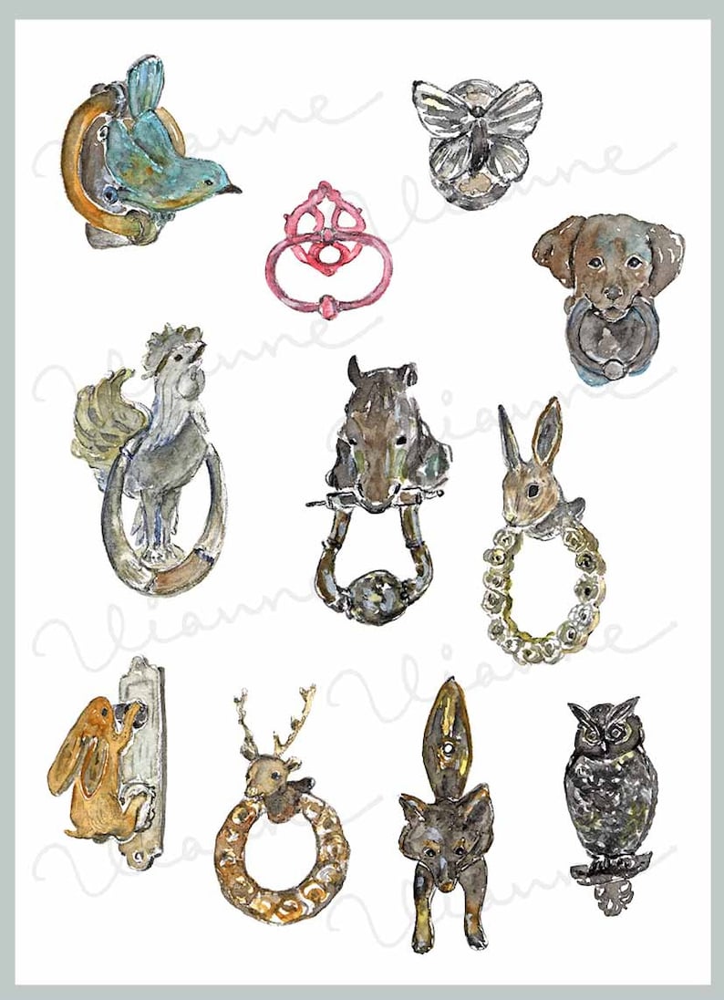 Home Decor Rooster. Owl CLIP ART- Watercolor Vintage Door Knockers Set Fox Digital Download Bunny Dog Brass 11 Images Front doors