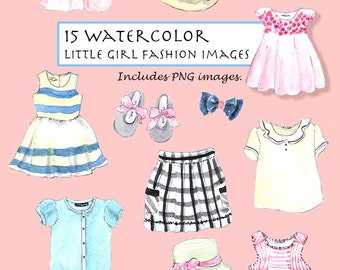 CLIP ART- Watercolor Vintage Little Girl Fashion Set. 15 Images. Digital Download. Kid's Fashion. Dress. Shoes. Skirt.