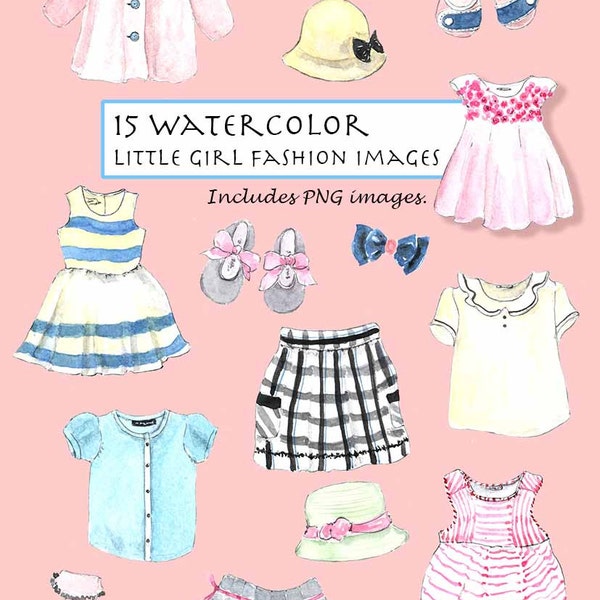 CLIP ART- Watercolor Vintage Little Girl Fashion Set. 15 Images. Digital Download. Kid's Fashion. Dress. Shoes. Skirt.