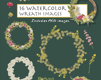 CLIP ART- Watercolor Vintage Wreath Set. 16 Images. Digital Download. Flora Wreath. Holiday. Natural. Garden. Plant. Green.