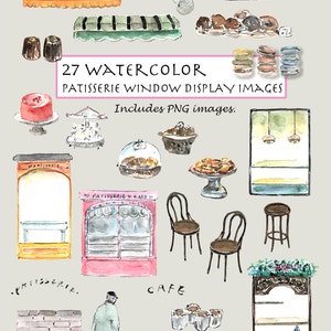 Clip Art- Aquarell Patisserie Schaufenster Set. 27 Bilder. Digitaler Download. Bäckerei. Café. Kuchen. Markise. Makronen.