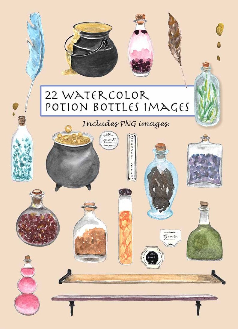 CLIP ART Watercolor Potion Bottles & Cauldron Set. 22 Images. | Etsy