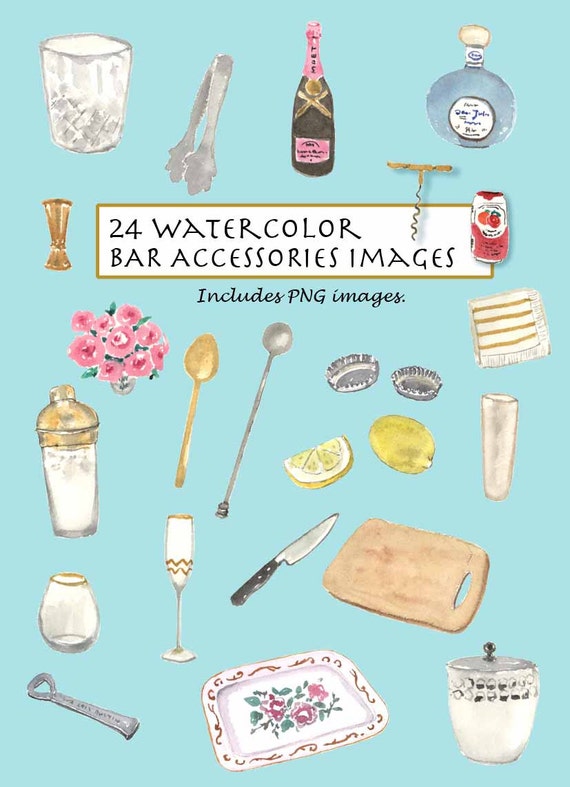 CLIP ART Watercolor Bar Accessories Set. 24 Images. Digital Download.  Bottle Opener. Tray. Glasses. Shaker. Ice Bucket. Napkins. Lemons. 