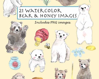 CLIP ART- Watercolor Bear, Bee & Honey Set. 21 Images. Digital Download. Sweet animal. Honey jar. Flower. Polar bear.