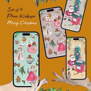 Puede incluir: Conjunto de cuatro fondos de pantalla para teléfono con temática navideña con ilustraciones de ángeles, hombres de jengibre, donuts y Papá Noel. Los fondos de pantalla son de estilo vintage con una gama de colores azul claro, rosa y beige.