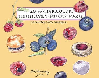 CLIP ART- Watercolor Blueberry & Raseberry. 20 Images. Digital Download. Handmade Jam. Fruit. Canned Food. Scone. Breakfast. Snack. Cookie.