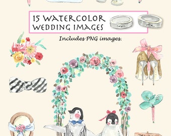 CLIP ART- Watercolor Happy Wedding Set. 15 Images. Digital Download.Penguin Couple. Wedding Ring. Wedding Flower Door. Wedding Bouquet.