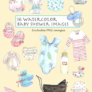 CLIP ART- aquarel vintage babyshowerset. 16 afbeeldingen. Digitale download. Slabbetje. Fopspeen. Zuigfles. Babywagen. Babyromper. Romper.