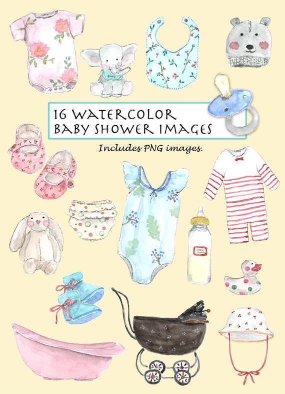 Clip Art Watercolor Vintage Baby Shower Set. 16 Images. | Etsy