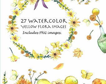 CLIP ART- Watercolor Yellow Flora Theme Set. 27 Images. Digital Download. Rose. Craspedia. Poppy. Daisy. Buttercups. Sunflower. Tulip. Vase.