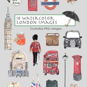 CLIP ART - aquarelle vintage London Set. 18 images. Téléchargement numérique. britannique. européenne.