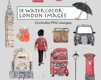 CLIP ART- Watercolor Vintage London Set. 18 Images. Digital Download. British. Europe.