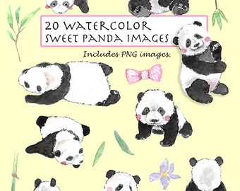 CLIP ART- Watercolor Sweet Panda Set. 20 Images. Digital Download. Panda. Animal. Black and white. Bamboo.