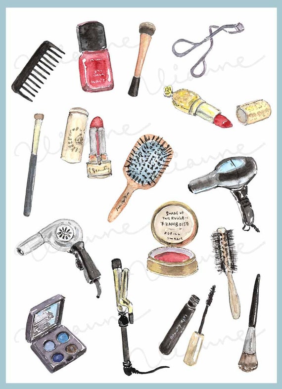 CLIP ART Watercolor Vintage Cosmetics Set. 16 Images. Digital Download.  Make Up. Lipsticks. Hair Dryer. Comb. Curling Iron. 