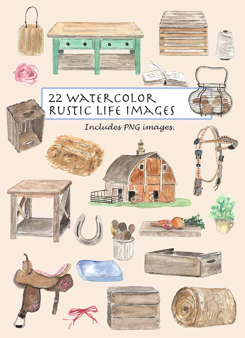 CLIP ART Watercolor Vintage Rustic Life Set. 22 Images. Digital Download. Rustic Barns. Tables. Hay Bails. Crates. Horse Bridal. Eggs. image 1