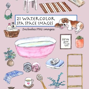 CLIP ART- Watercolor Spa Space Set. 21 Images. Digital Download. Bathroom. Bathing. Home. Puppy Sleep. Bath Tub. Towel.