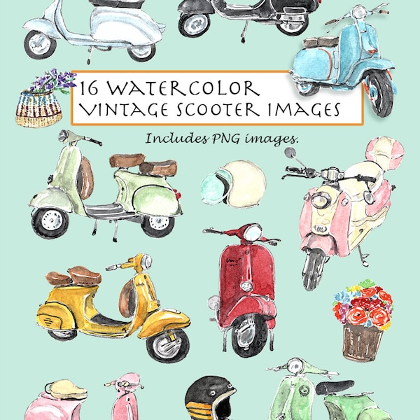 CLIP ART- Watercolor Vintage Scooter Set. 16 Images. Digital Download. Vespa. Flower basket. Helmet. Suitcase. Motorcycle.