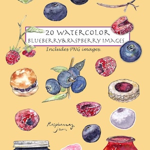 Imágenes prediseñadas de arándanos y frambuesas en acuarela: 20 imágenes PNG (descarga digital)