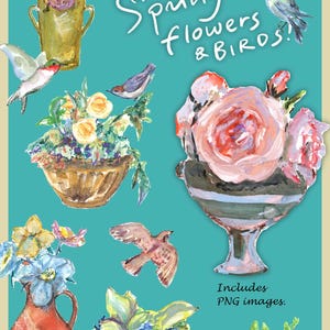 CLIP ART: set met gemengde techniek lentebloemen en vogels. 17 afbeeldingen. Digitale download. Bloem. Natuur. Pot. Plantenbak. Tuinieren. Vogel. Lente.