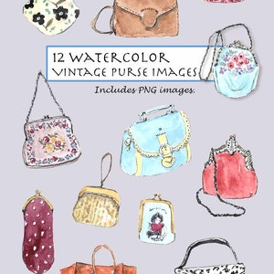 CLIP ART - Conjunto de carteras vintage en acuarela. 12 imágenes. Descarga digital. Cosas de mujer. Moda antigua. Bolso de mano.