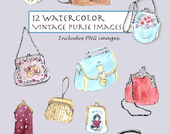Watercolor Vintage Purse Clipart: Hand-Drawn PNG Images (Digital Download)