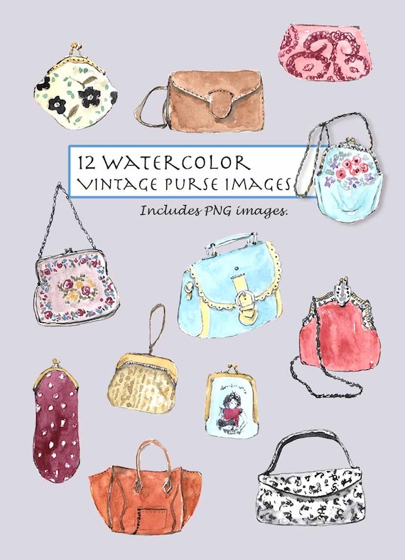 CLIP ART- Watercolor Vintage Purse Set. 12 Images. Digital Download. Lady  stuff. Old fashion. Handbag.