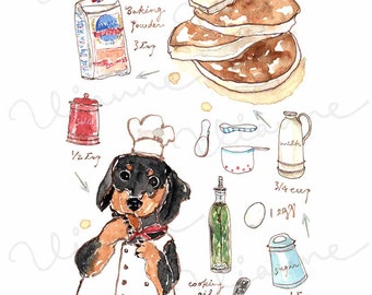 CLIP ART Watercolor Pancake & Accessories Set. 19 Images. Digital Download.  Recipe. Dachshund Puppy. Flour. Milk. Teaspoon. Oil. Egg. 